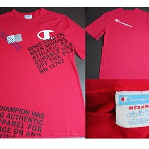 Vintage Champion Heritage All Over Print Script Logo T Shirt Red Medium